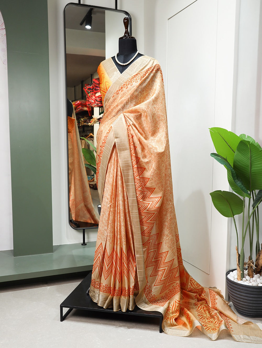 Orange Handloom Kotha Border Saree with Digital Print