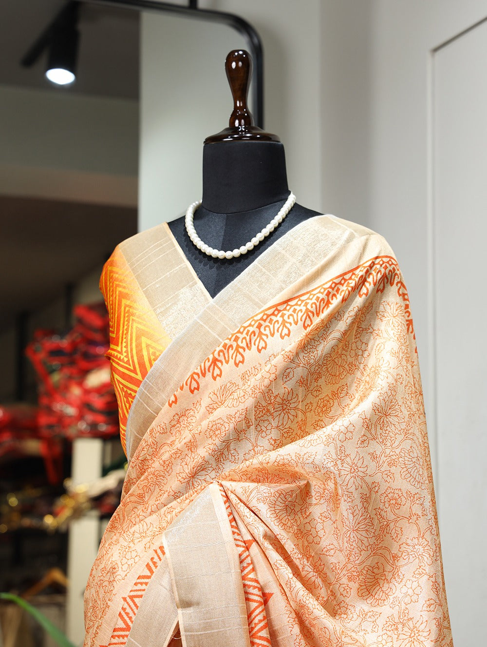 Orange Handloom Kotha Border Saree with Digital Print