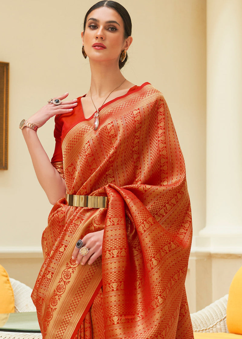 Orange Kanjivaram Silk Saree with Sequins Zari