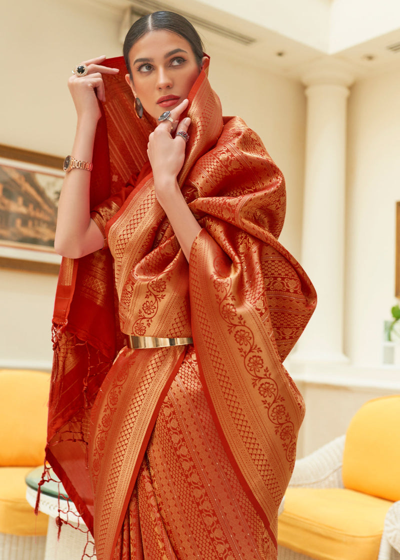 Orange Kanjivaram Silk Saree with Sequins Zari