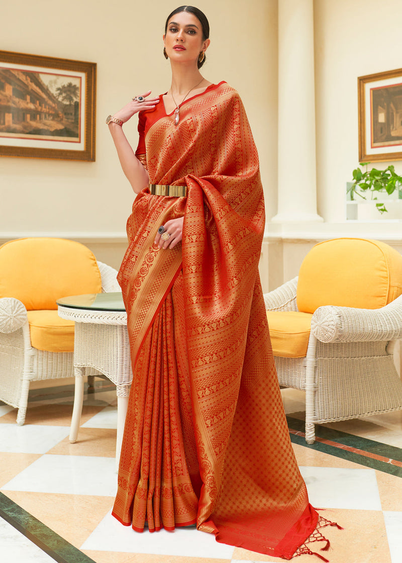 Orange Kanjivaram Silk Saree with Sequins Zari