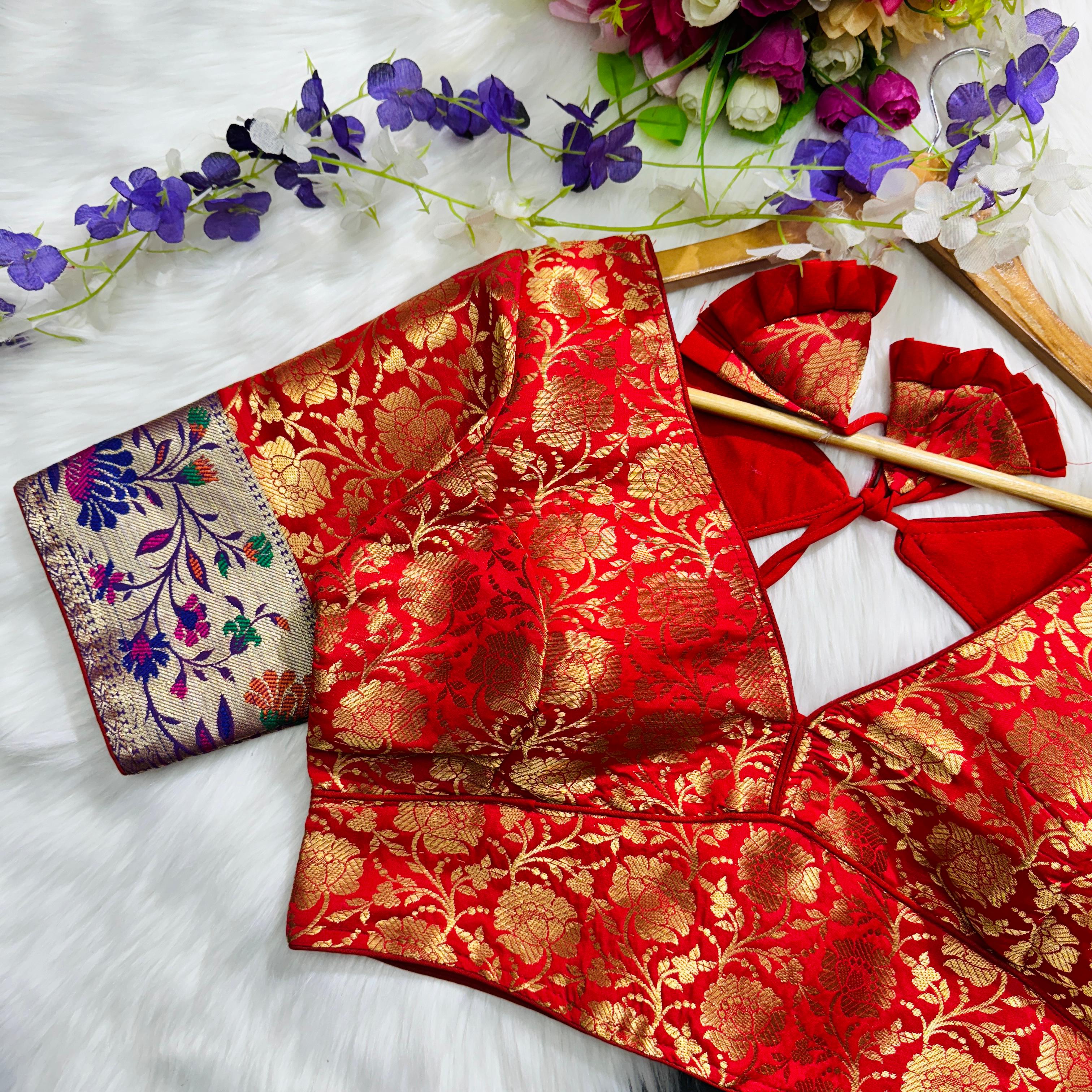 Orange Multi Meena Work Pure Paithani Blouse