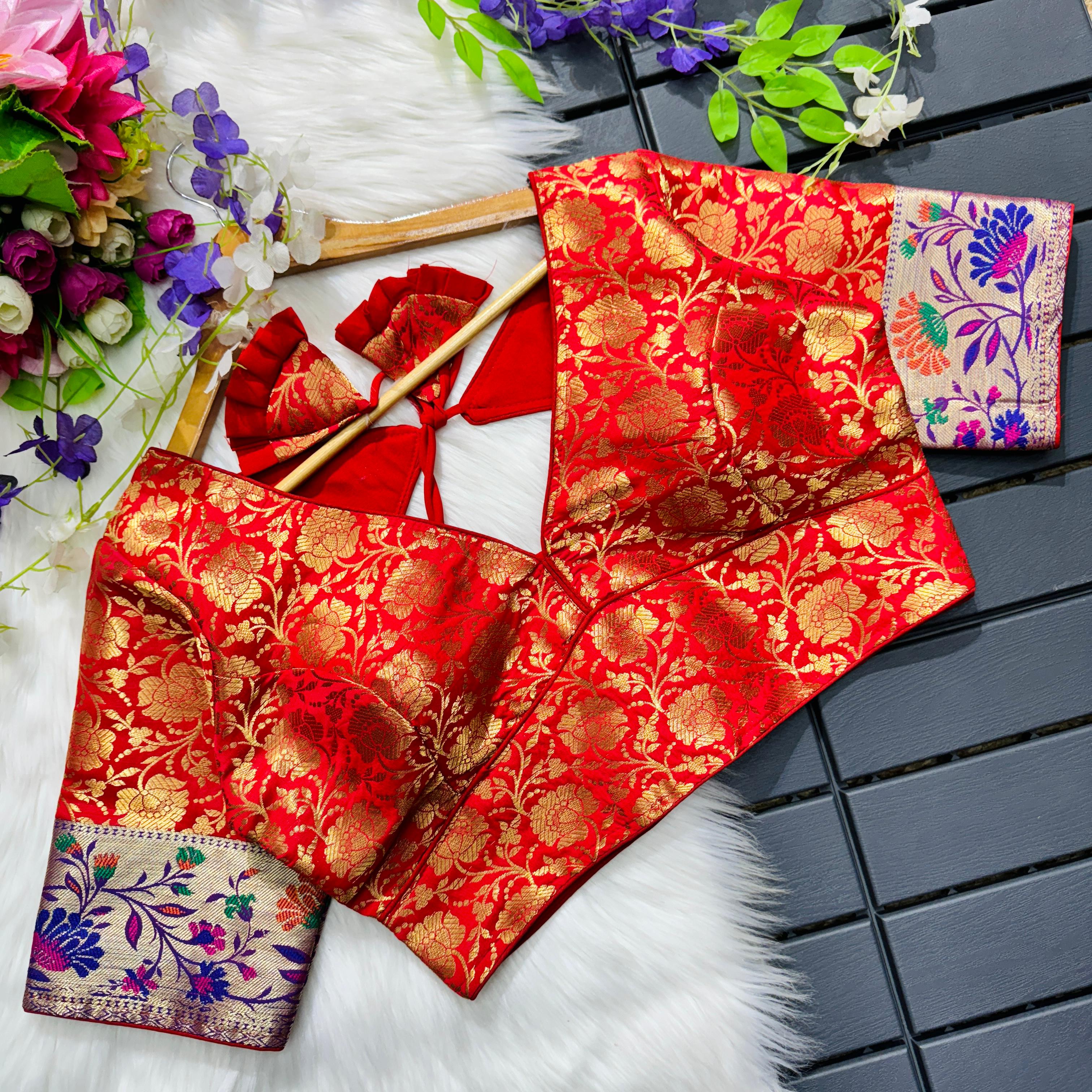 Orange Multi Meena Work Pure Paithani Blouse