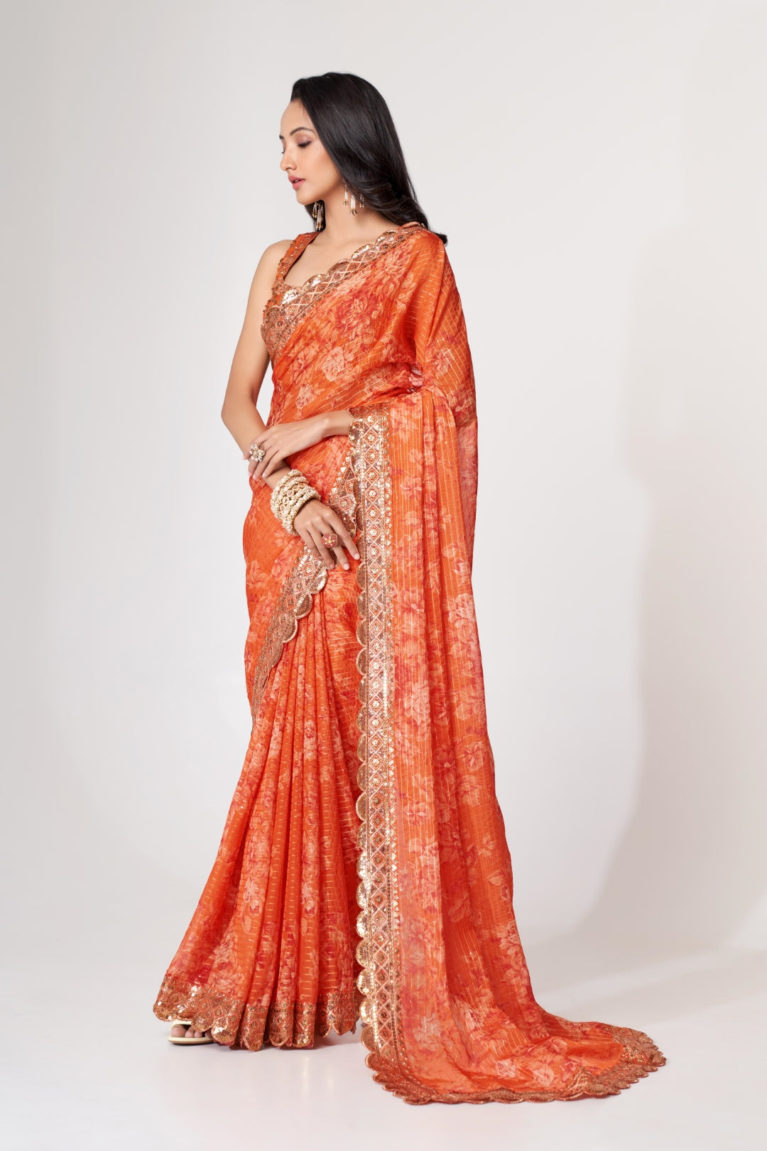 Orange Organza Saree with Sequin Embroidery and Digital Print