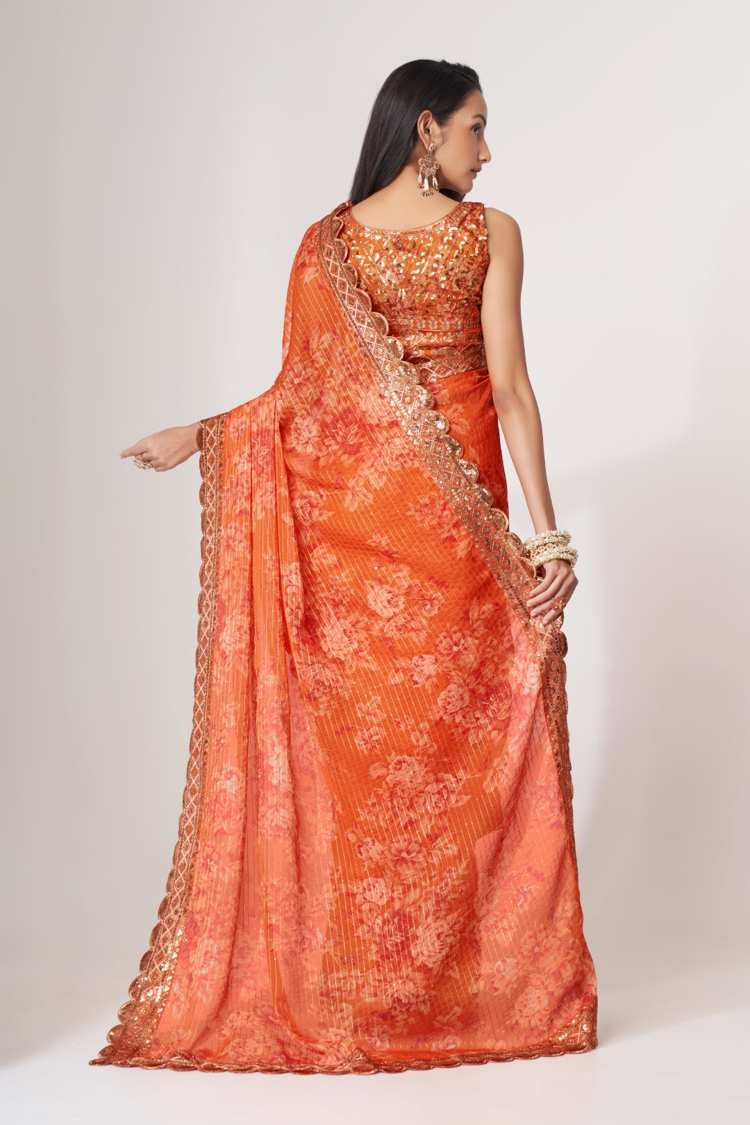 Orange Organza Saree with Sequin Embroidery and Digital Print