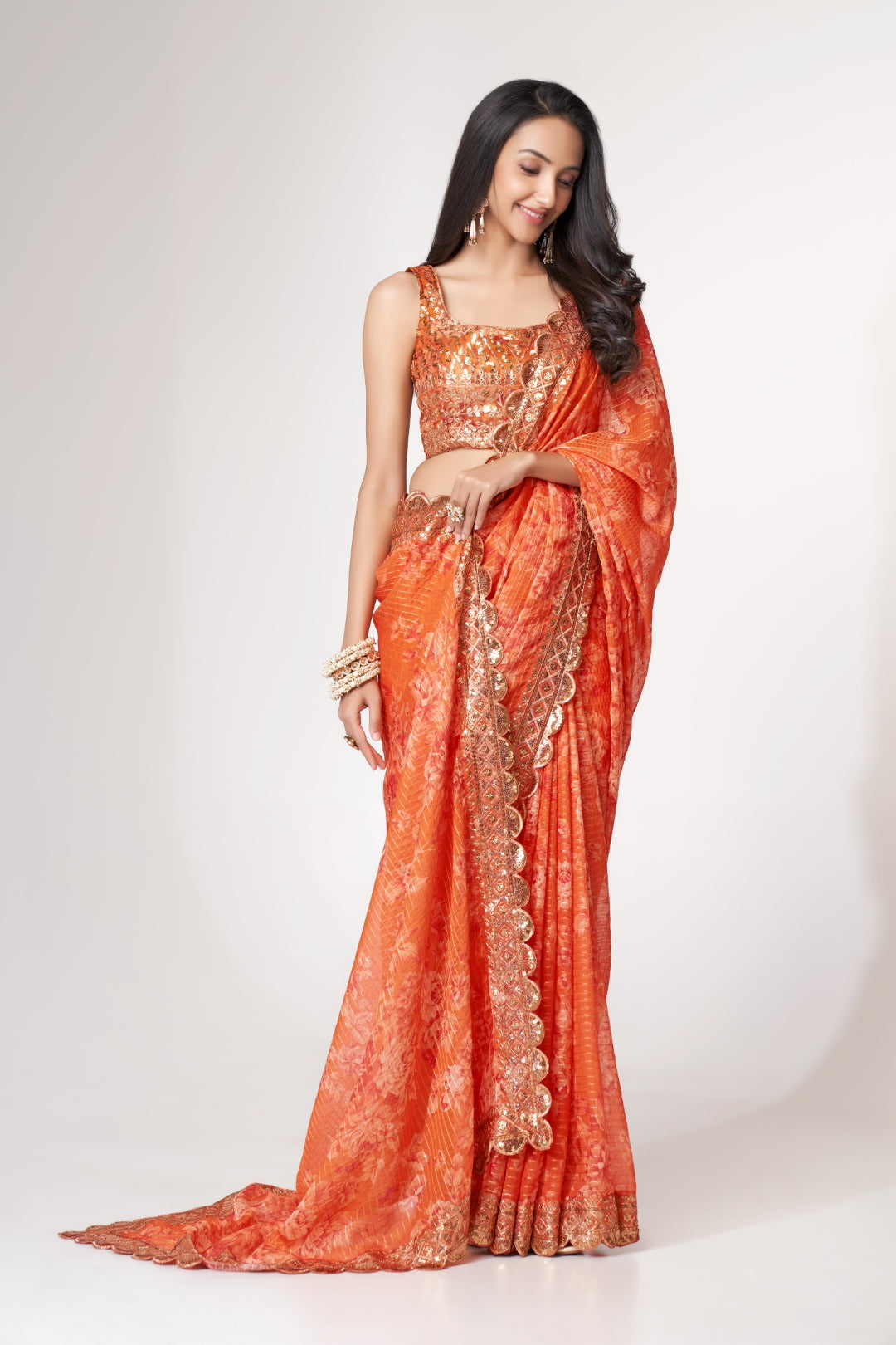 Orange Organza Saree with Sequin Embroidery and Digital Print