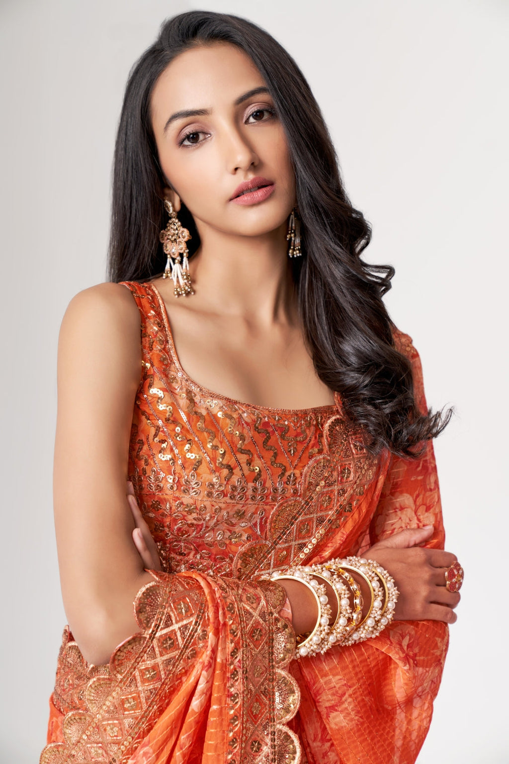 Orange Organza Saree with Sequin Embroidery and Digital Print