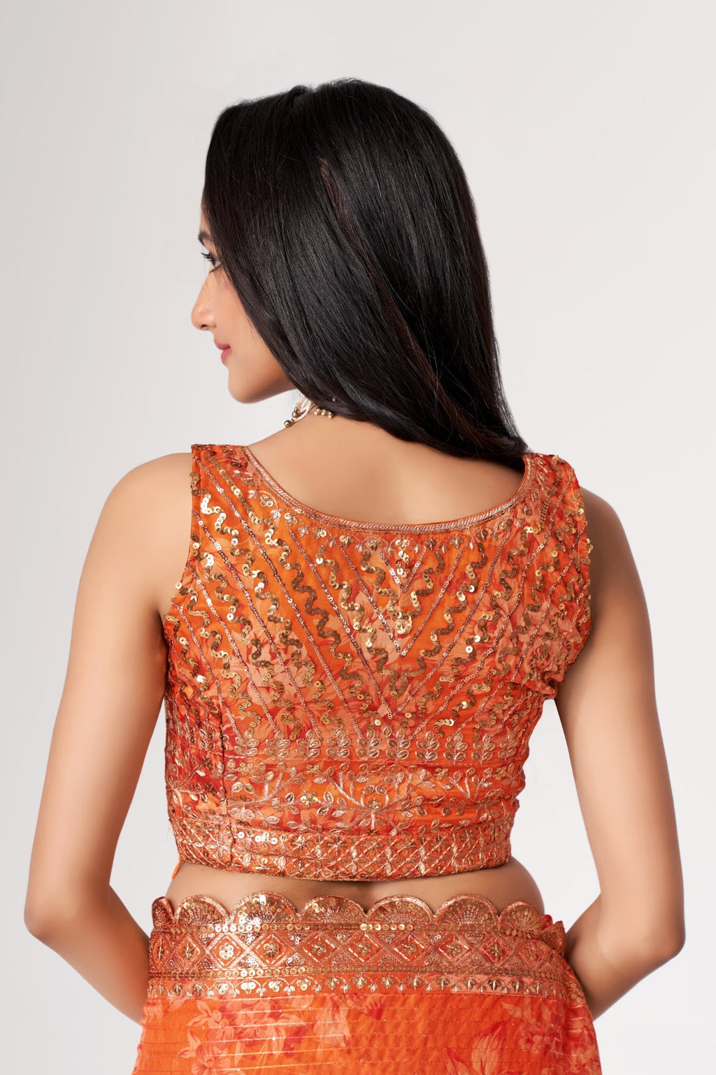 Orange Organza Saree with Sequin Embroidery and Digital Print