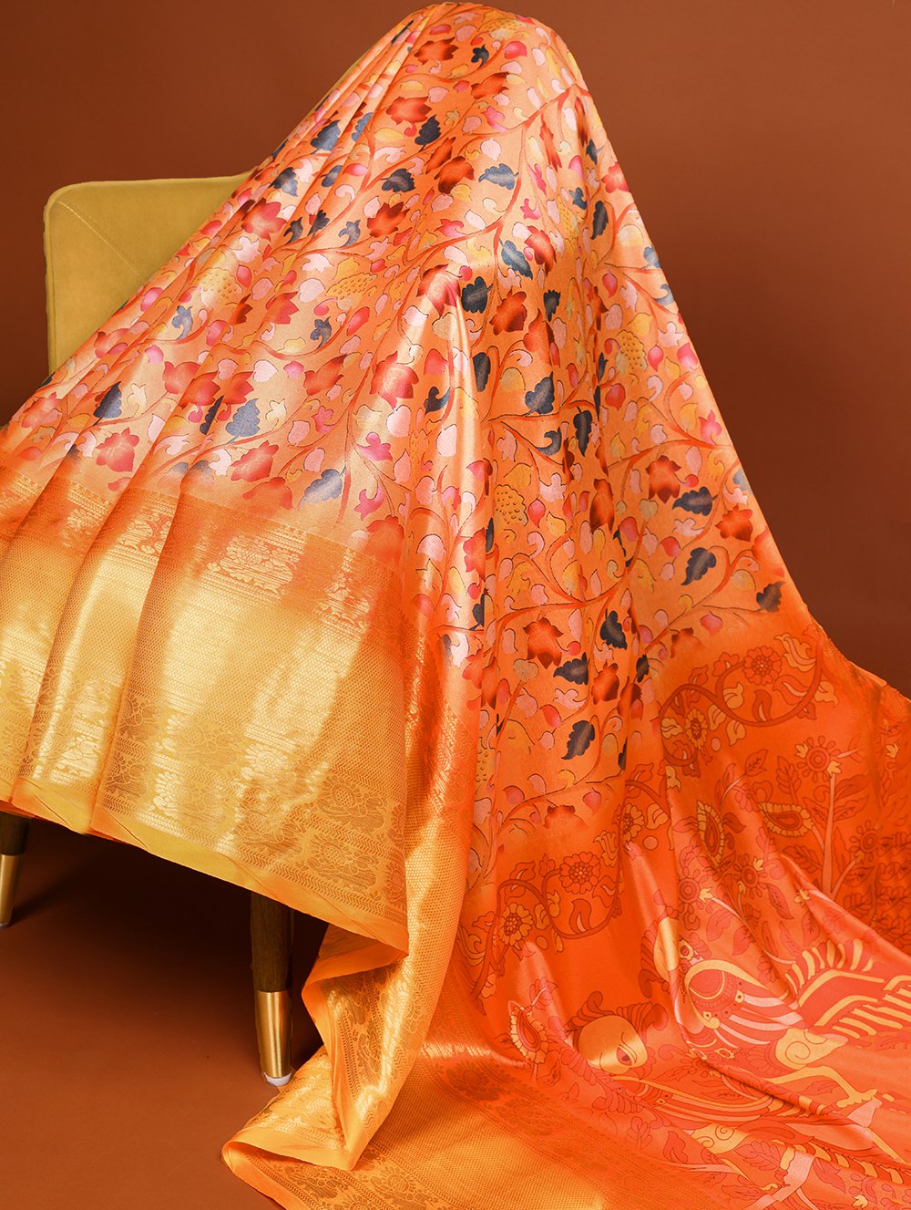 Orange Printed Dola Silk Saree Set for Weddings & Special Occasions