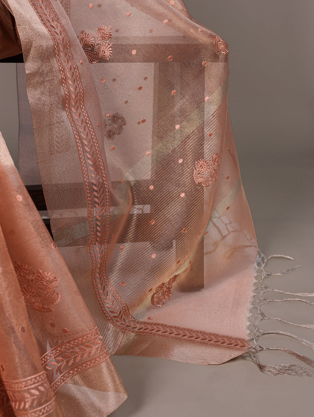 Orange Rose Gold Poly Shimmer Saree with Elegant Thread Embroidery and Matching Blouse � Unstitched Ensemble