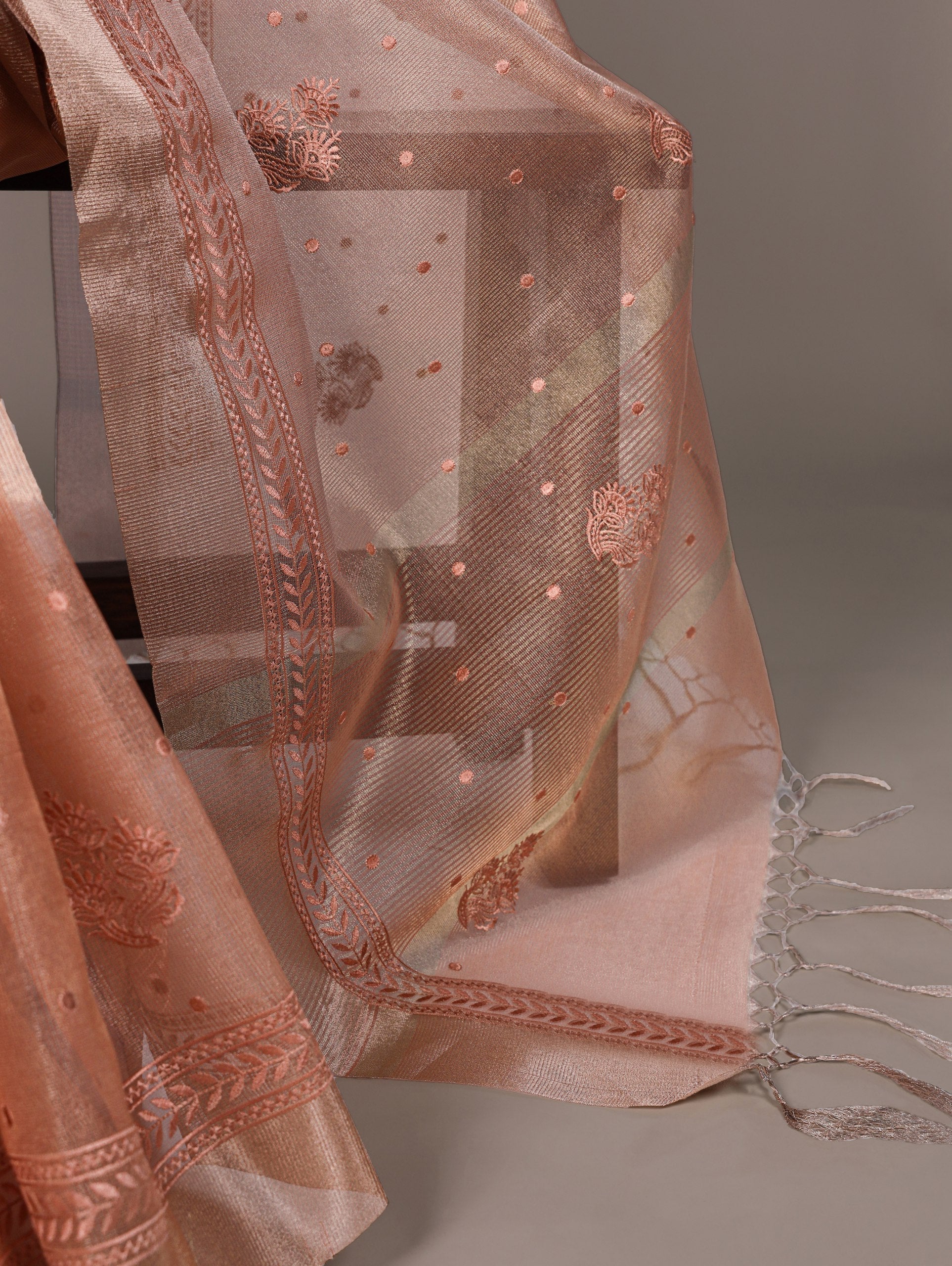 Orange Rose Gold Poly Shimmer Saree with Elegant Thread Embroidery and Matching Blouse � Unstitched Ensemble