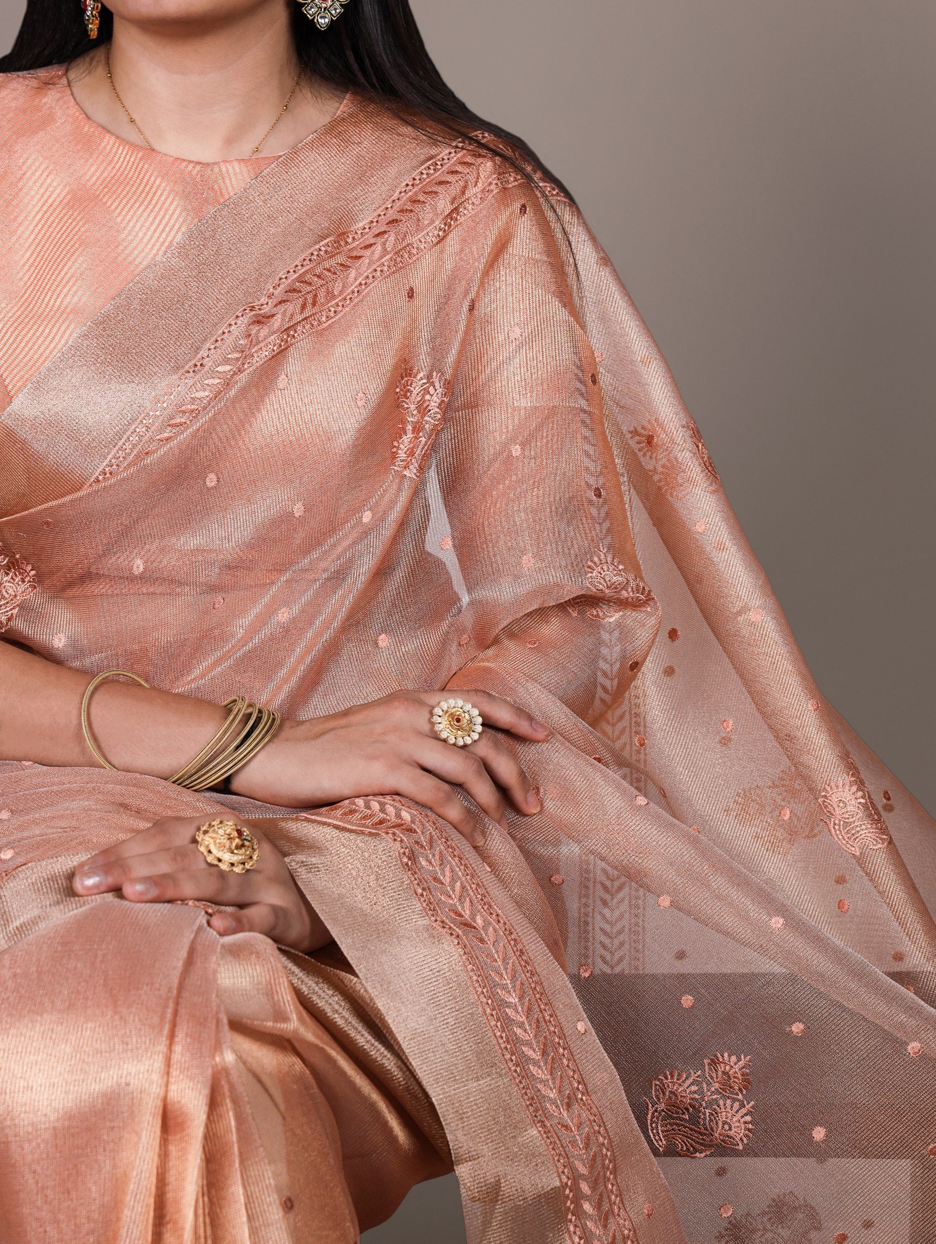 Orange Rose Gold Poly Shimmer Saree with Elegant Thread Embroidery and Matching Blouse � Unstitched Ensemble