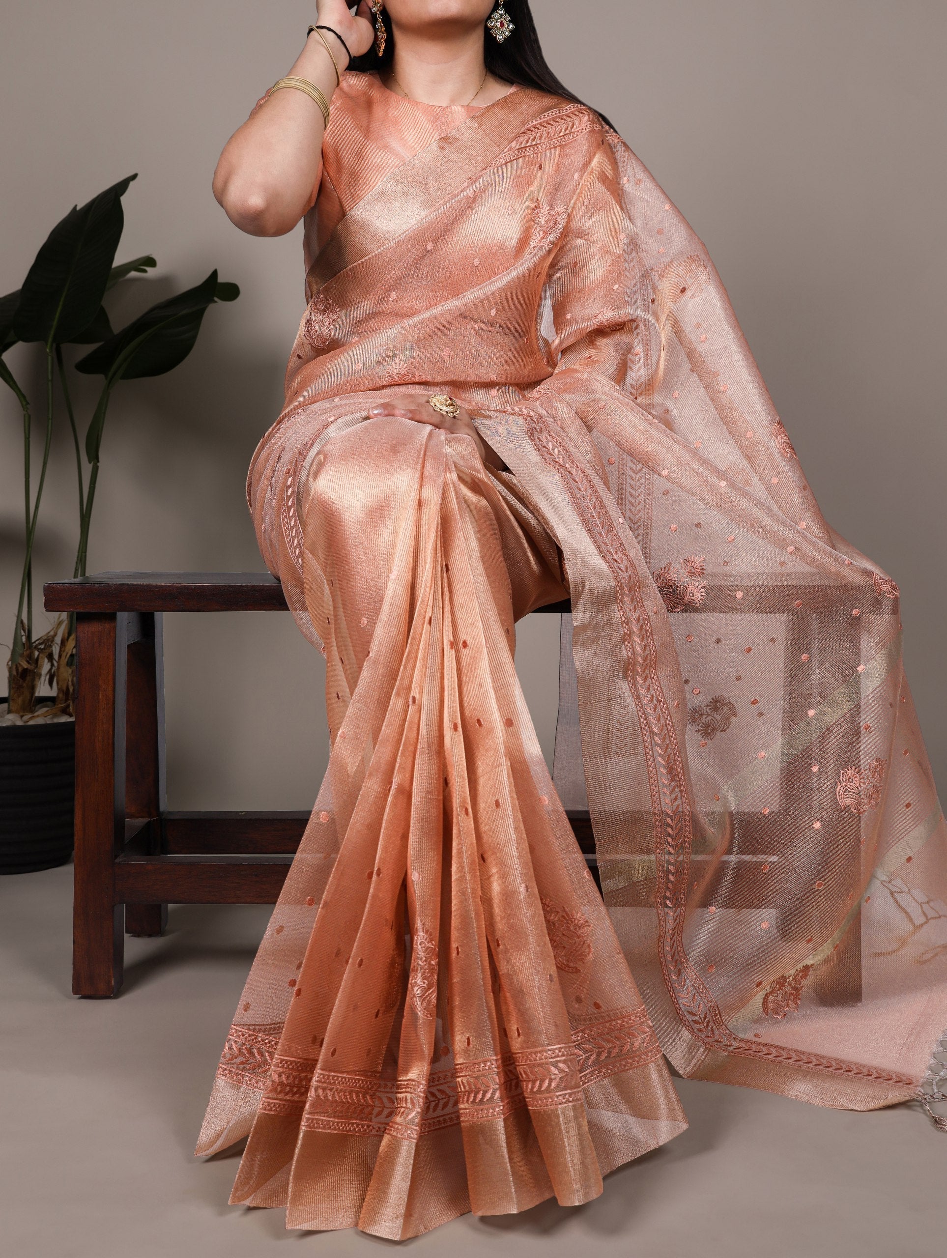 Orange Rose Gold Poly Shimmer Saree with Elegant Thread Embroidery and Matching Blouse � Unstitched Ensemble