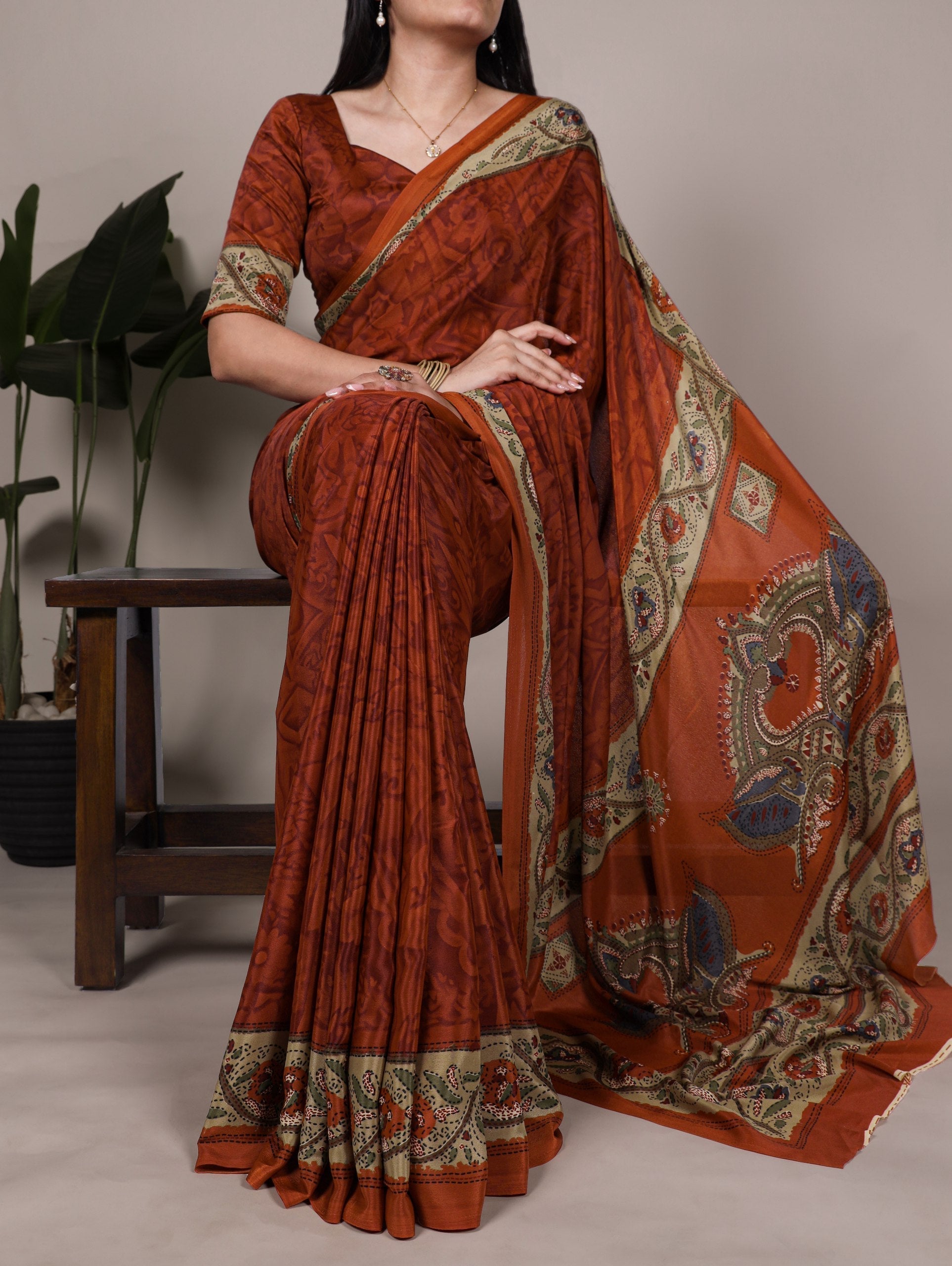 Orange Stylish Printed Crepe Saree with Matching Blouse Piece