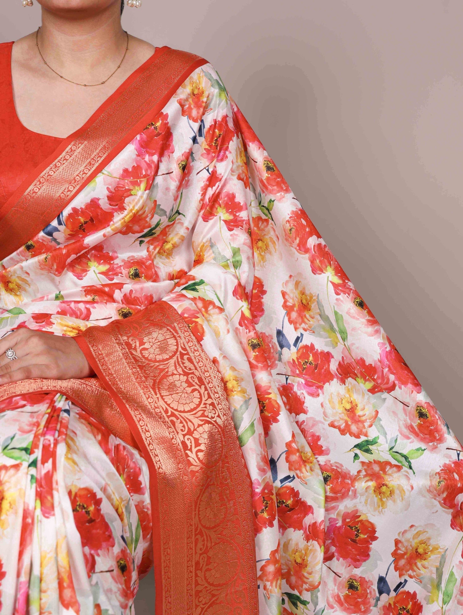 Orange Tasar Silk Printed Saree