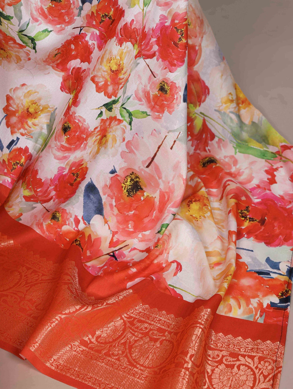 Orange Tasar Silk Printed Saree