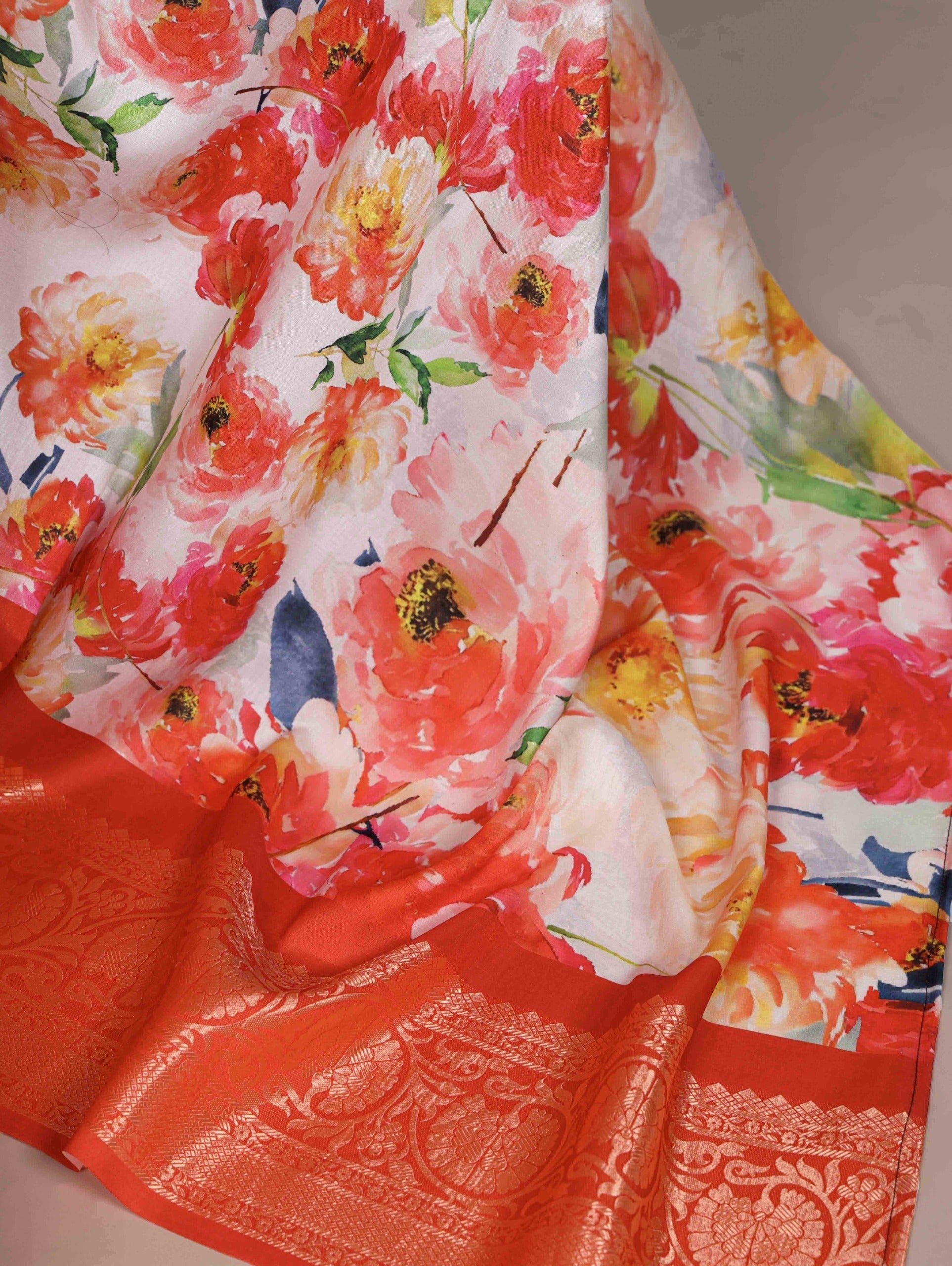 Orange Tasar Silk Printed Saree