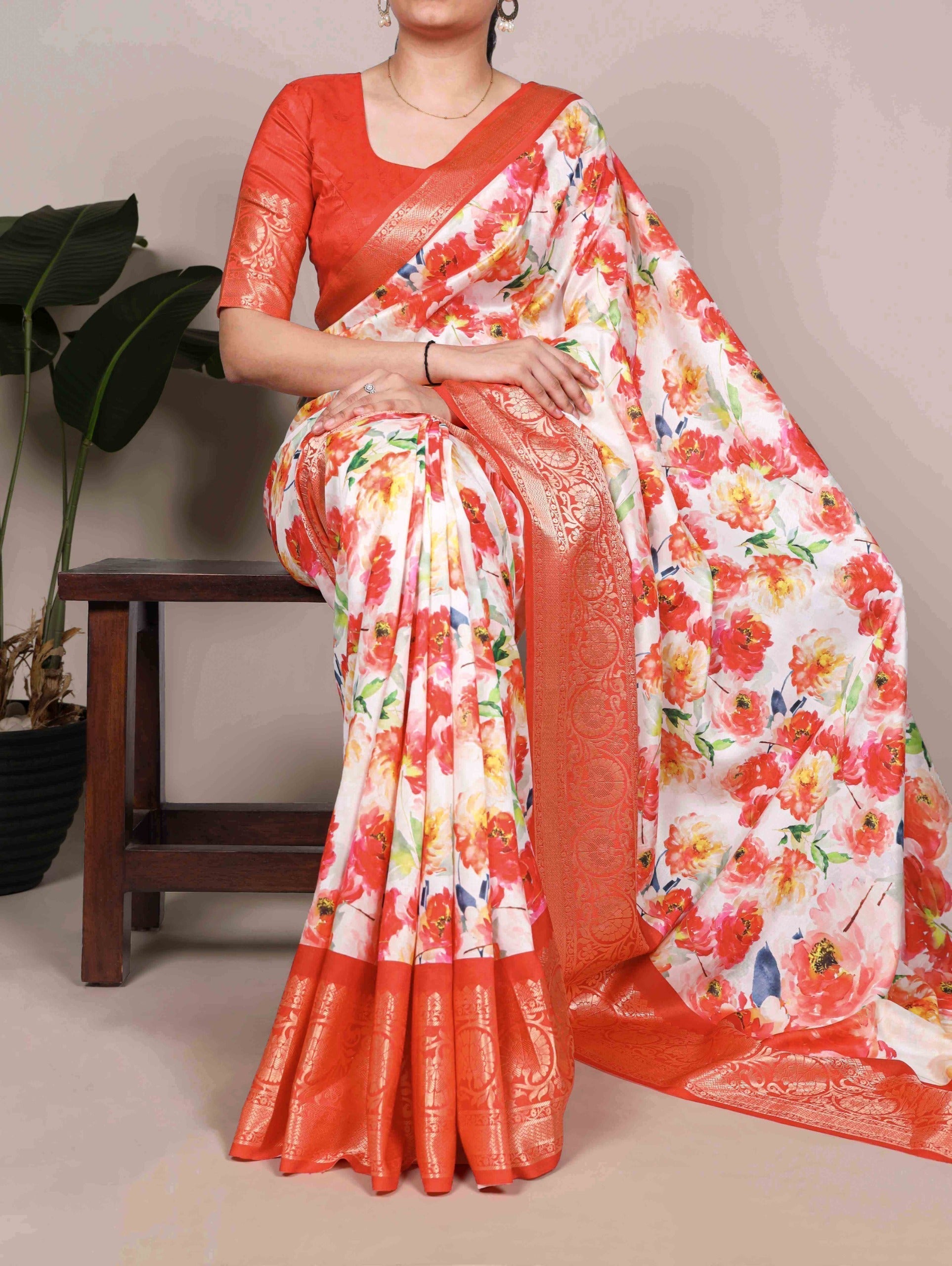 Orange Tasar Silk Printed Saree