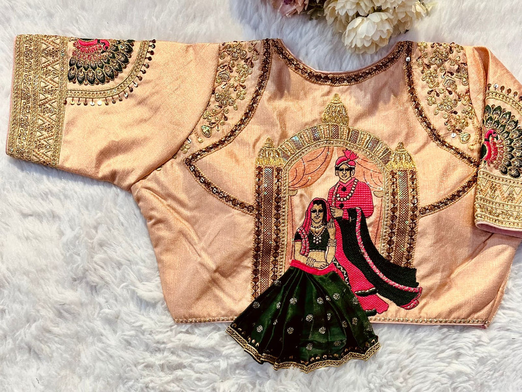 Orange Wedding Wear Blouse in Raspberry Silk with Exquisite Embroidery and Sequins