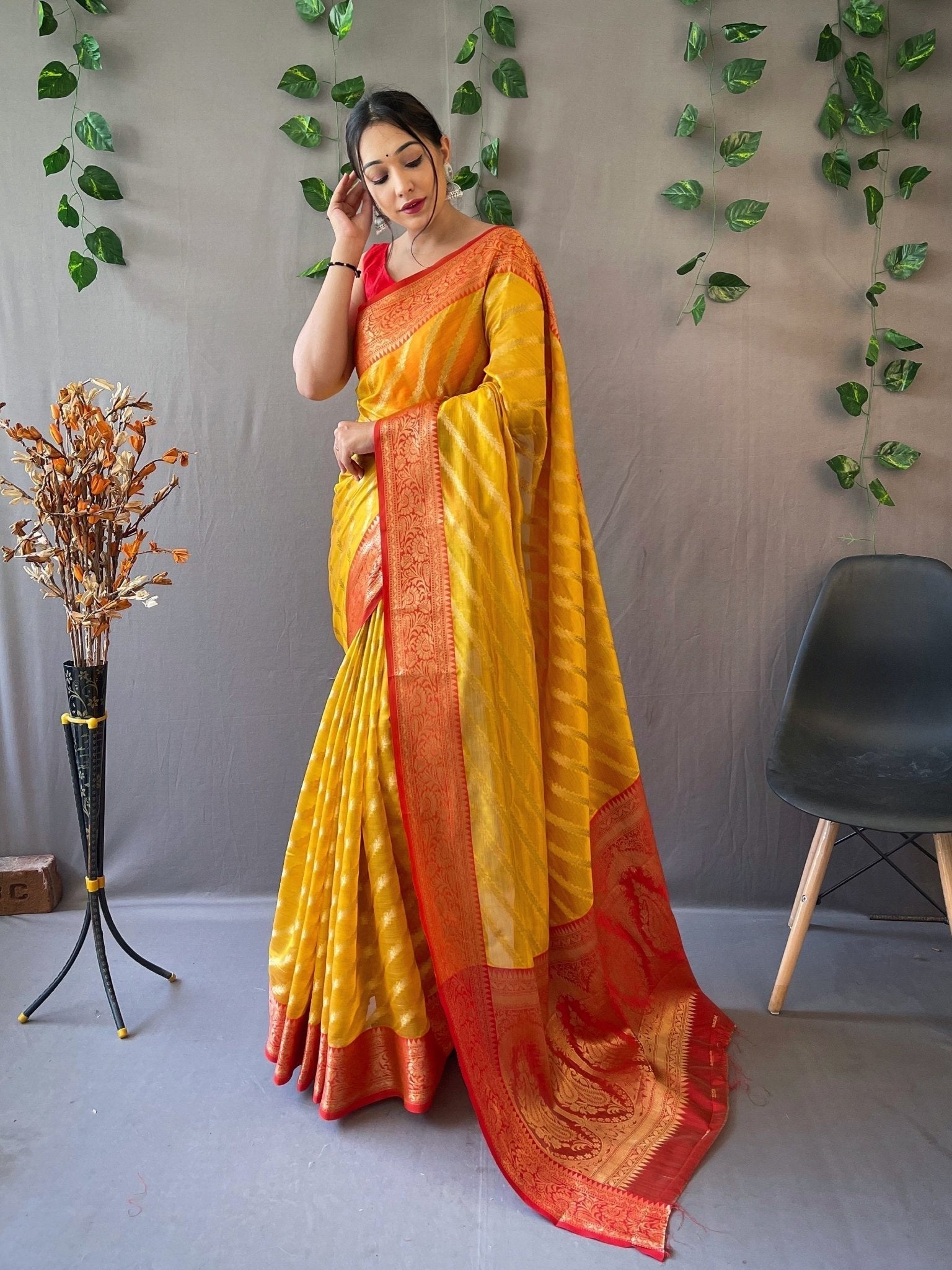 Orange Yellow Saree in Organza Leheriya
