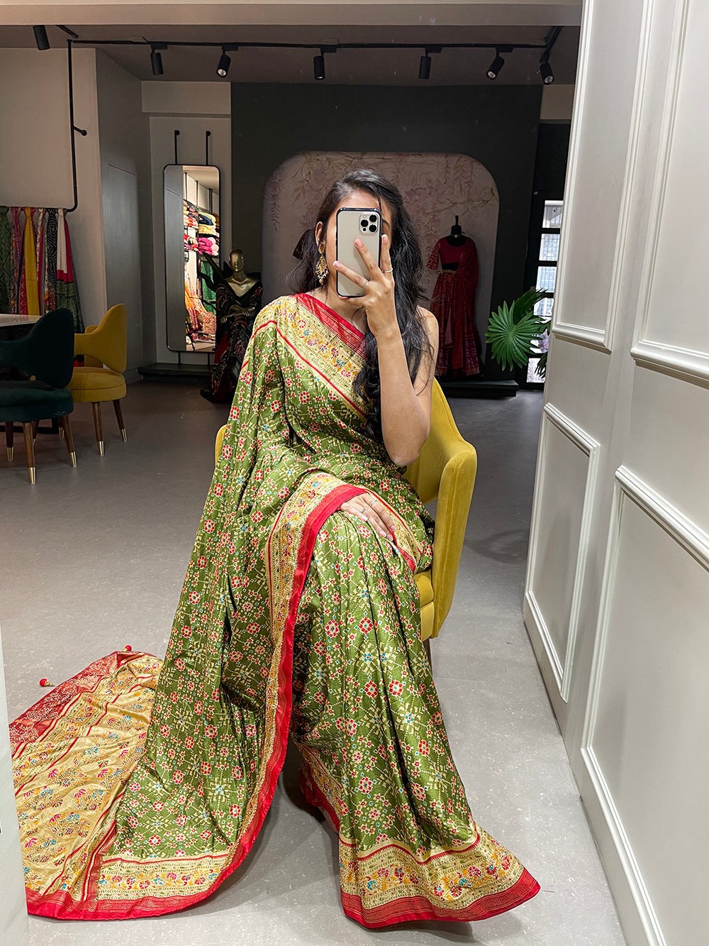 Parrot Color Foil Printed And Stone Work Dola Silk Saree