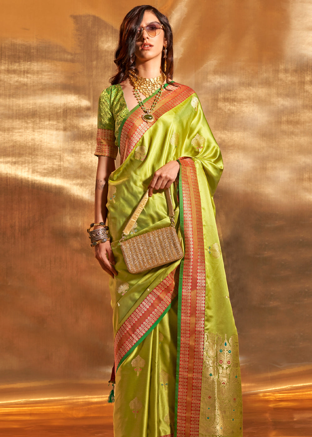 Parrot Elegant Satin Silk Saree – Luxurious Drape for Every Occasion