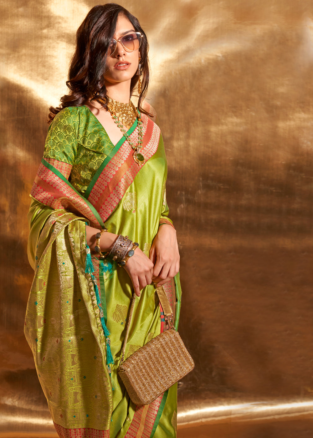 Parrot Elegant Satin Silk Saree – Luxurious Drape for Every Occasion