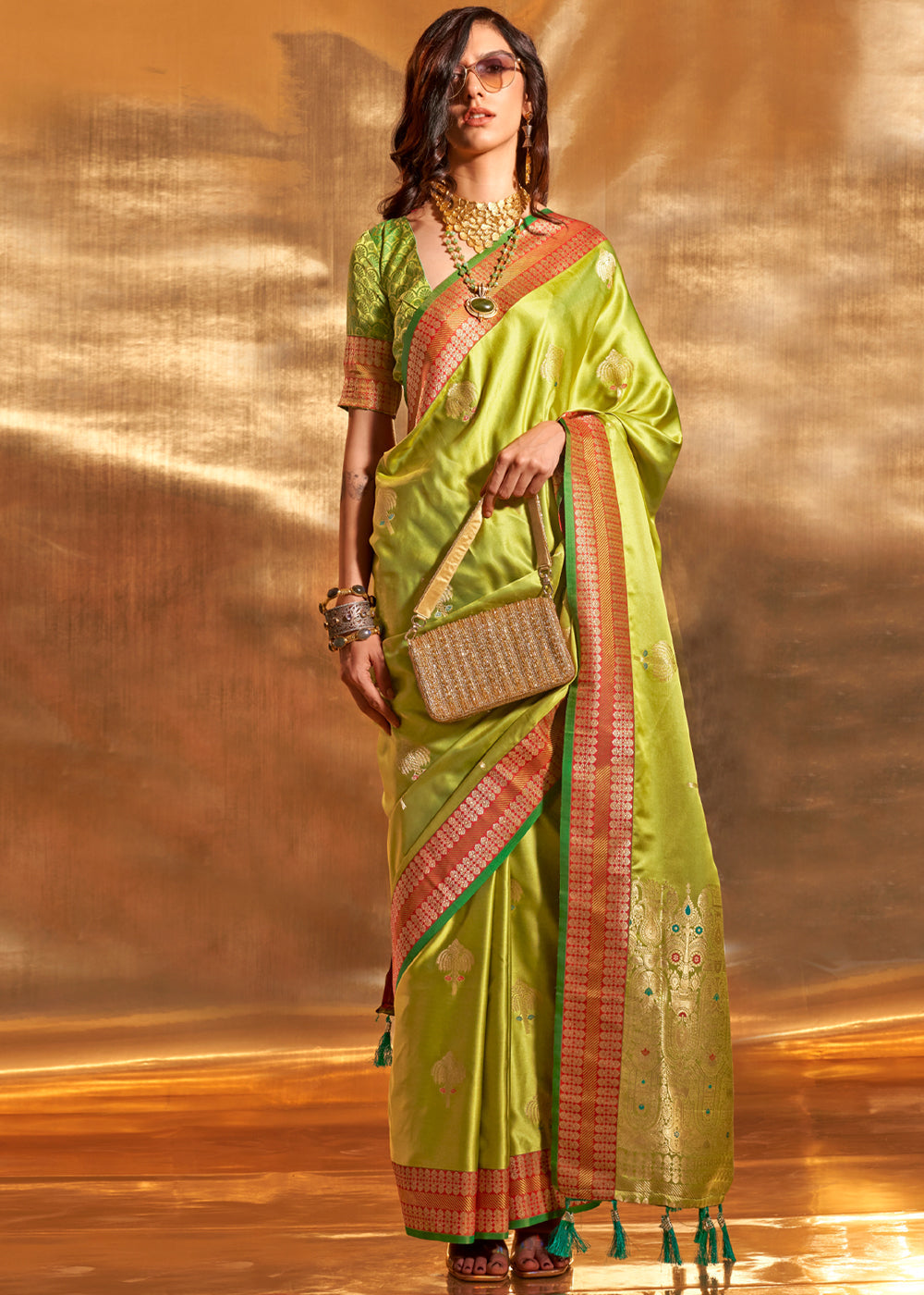 Parrot Elegant Satin Silk Saree – Luxurious Drape for Every Occasion