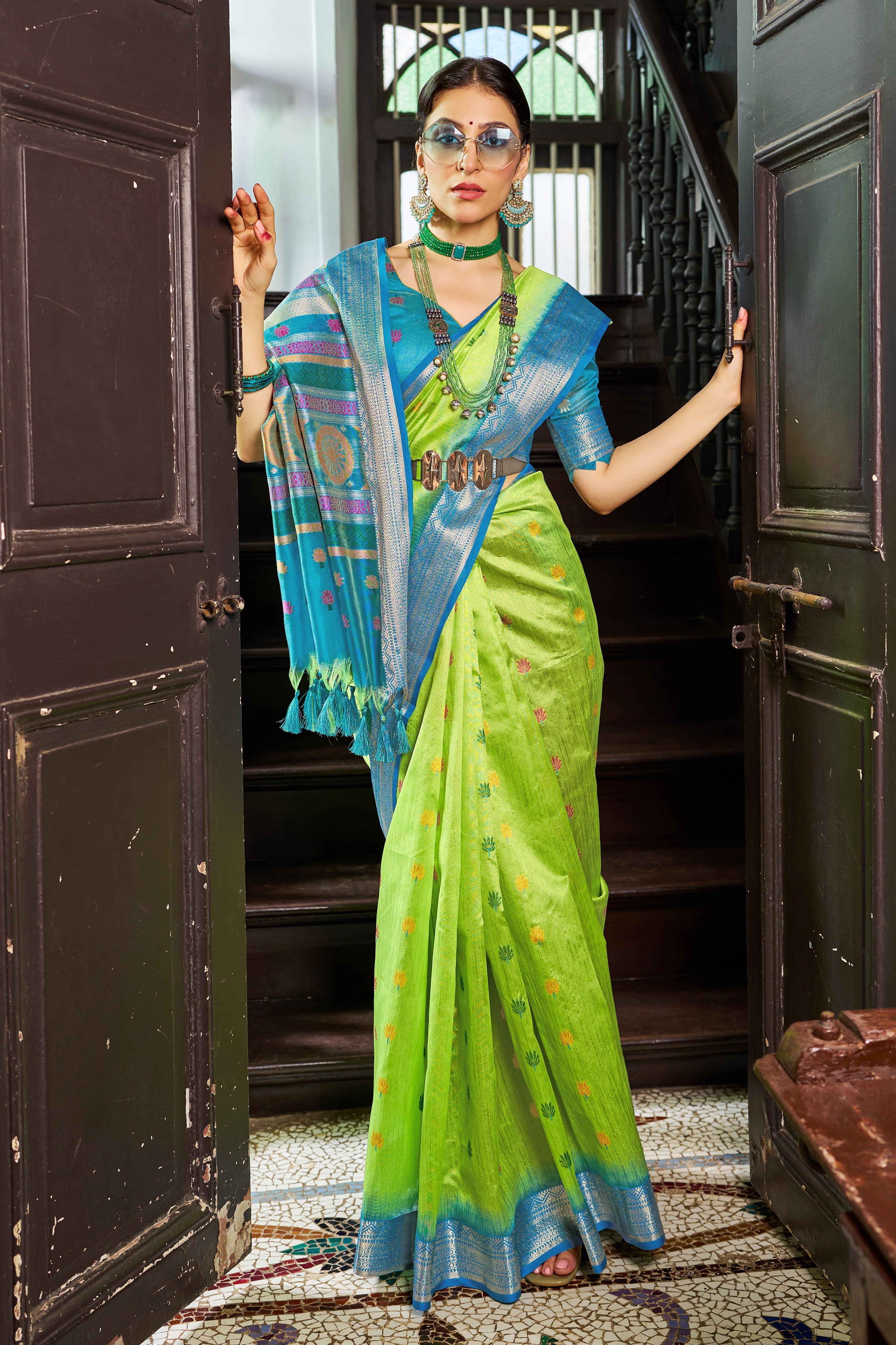 Parrot Elegant Slub Lilan Saree – Luxurious Semi Tussar Silk