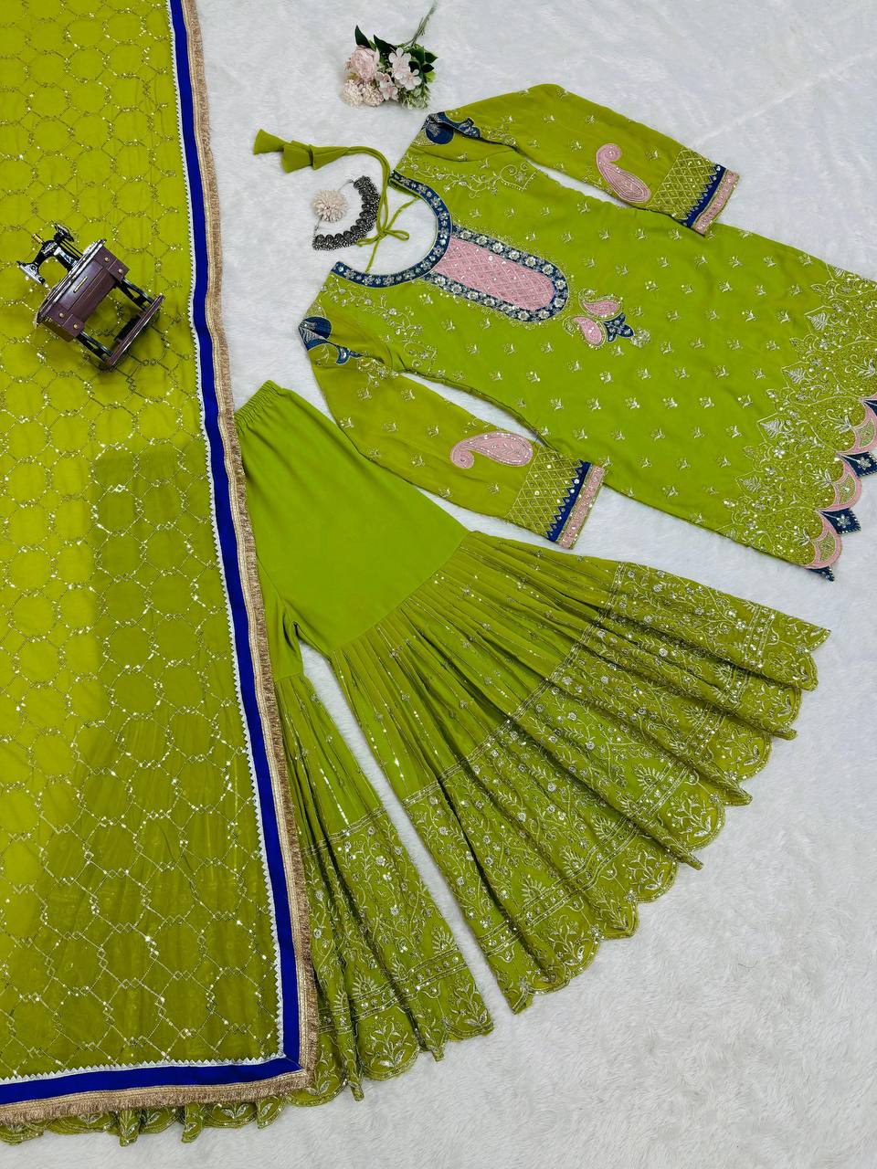 Parrot Elegant Thread & Sequin Work Sharara Set