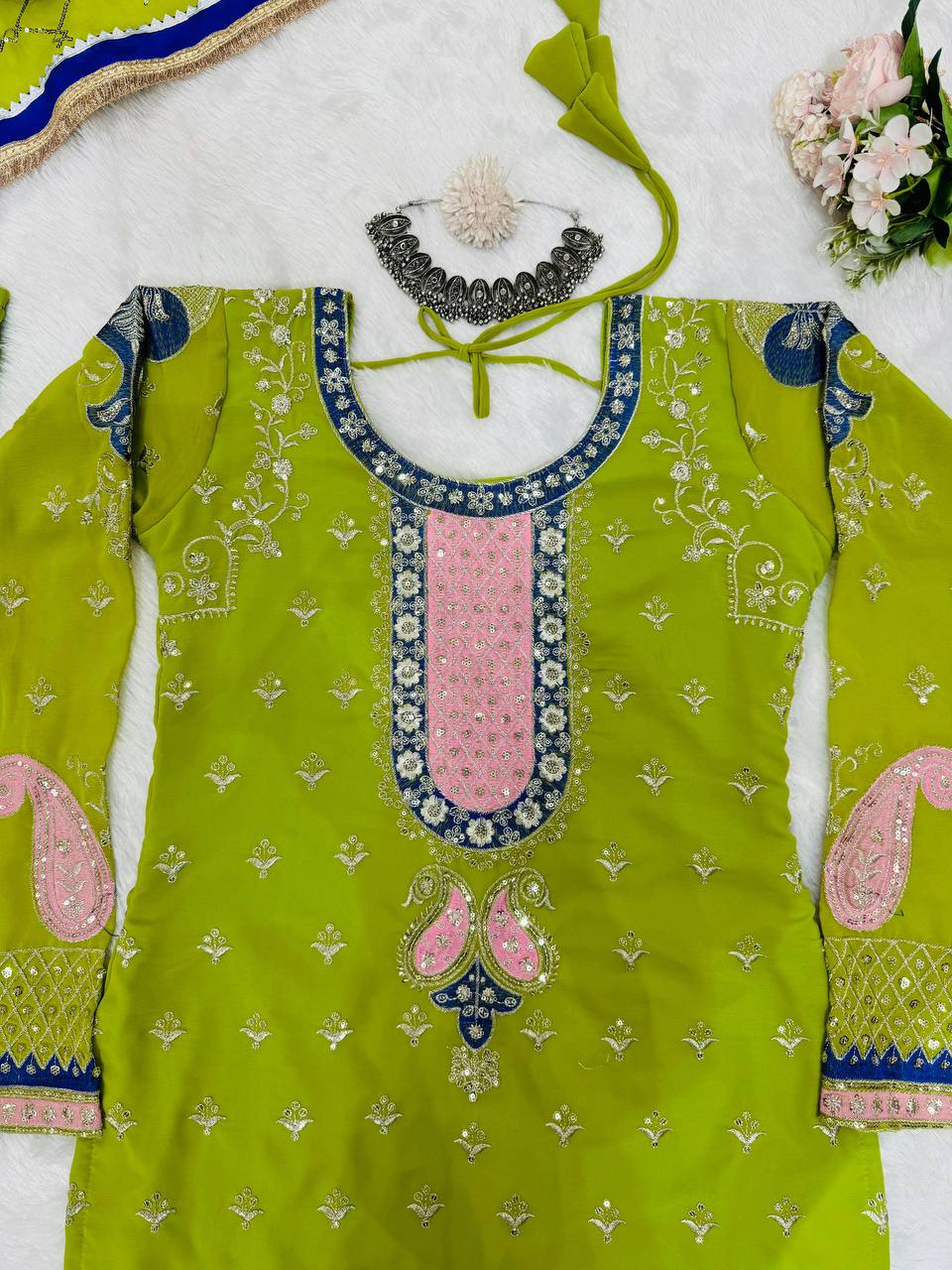 Parrot Elegant Thread & Sequin Work Sharara Set