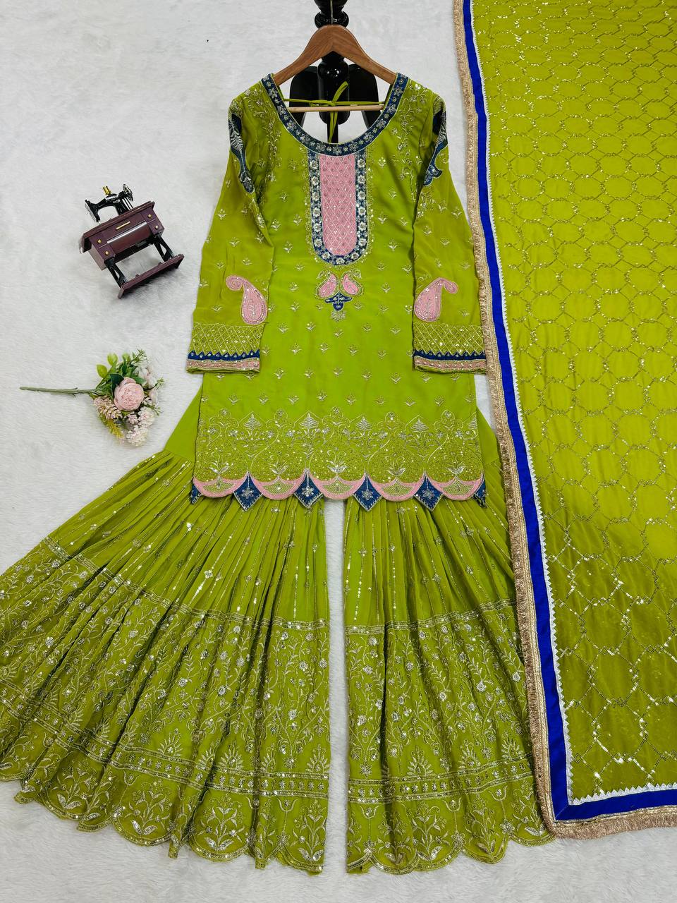 Parrot Elegant Thread & Sequin Work Sharara Set