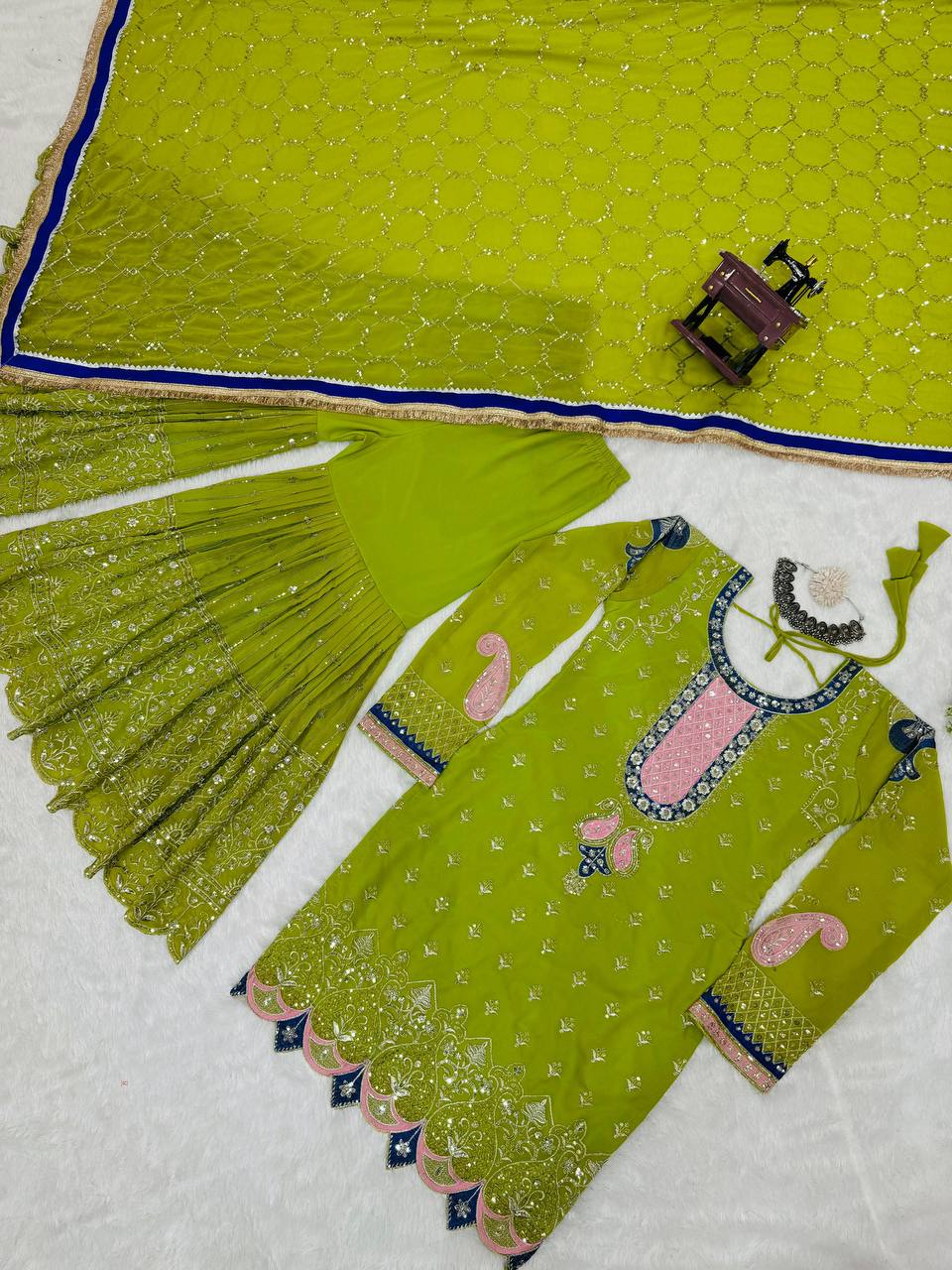 Parrot Elegant Thread & Sequin Work Sharara Set