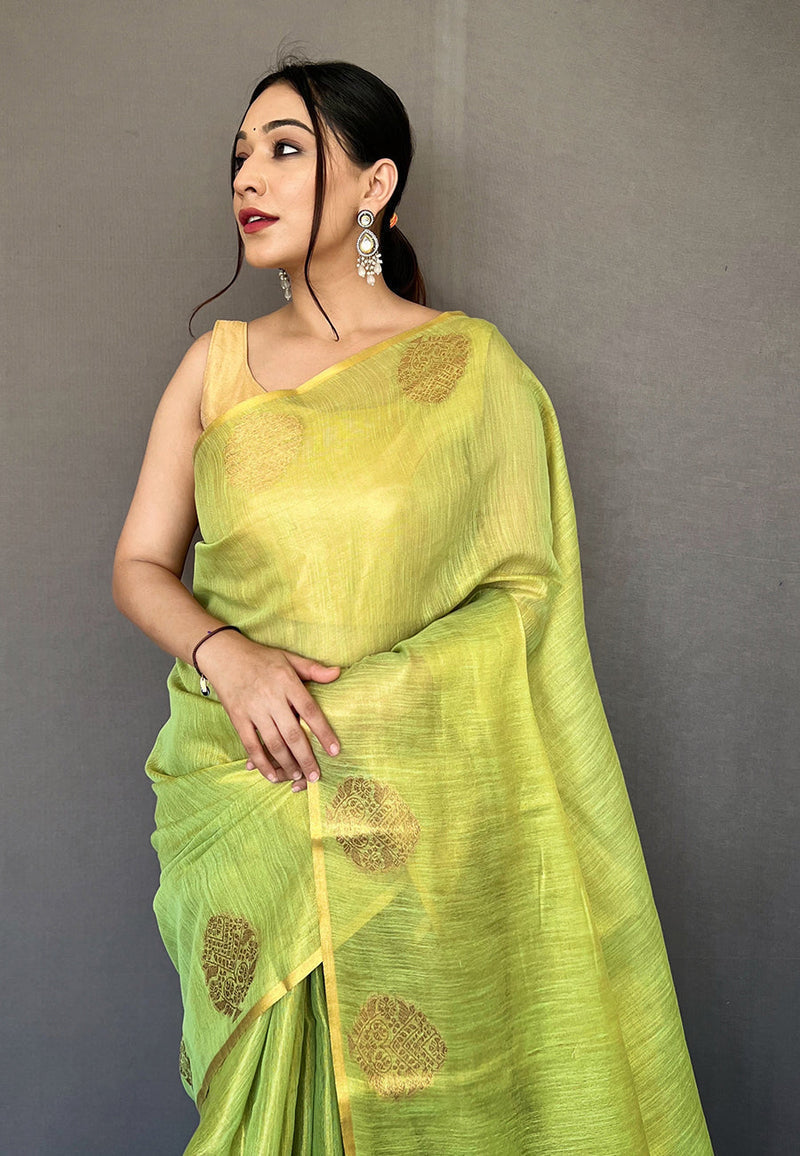 Parrot Elegant Woven Tissue Silk Saree with Gold Accents Party & Festive Wear