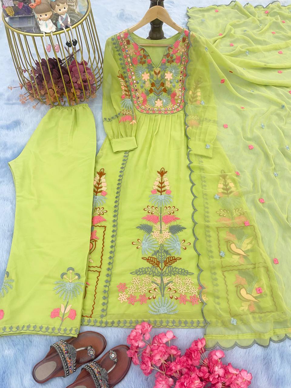Parrot Green Premium Designer Readymade Top, Palazzo & Dupatta Set