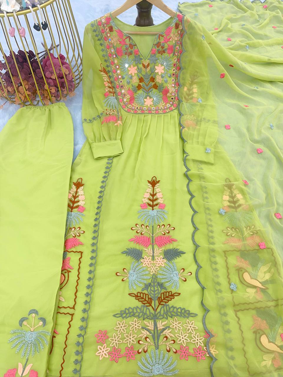 Parrot Green Premium Designer Readymade Top, Palazzo & Dupatta Set