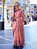 Peach Digital Print Saree in Satin Silk Blend – Party & Wedding Wear