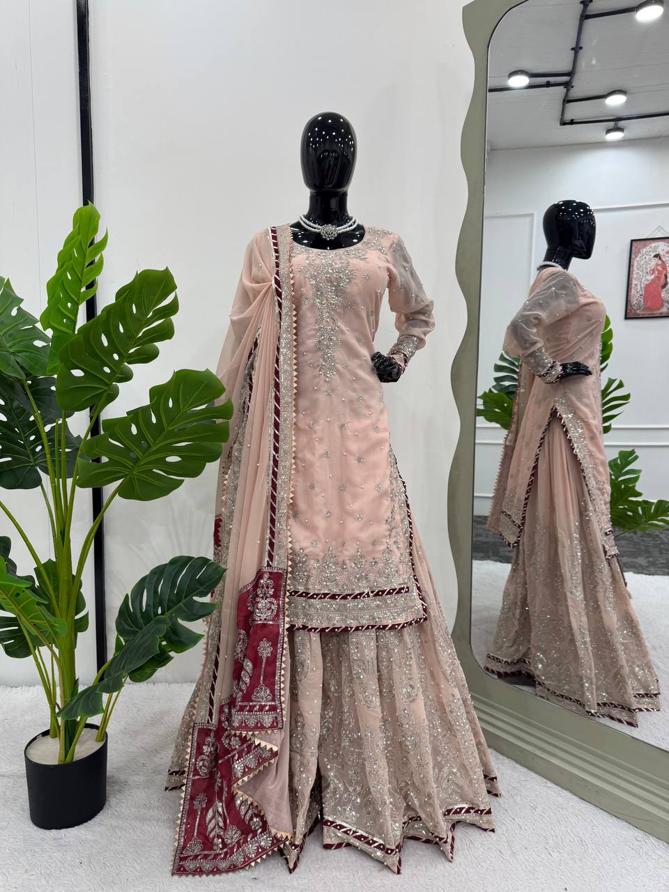Peach Elegant Embroidered Sharara Set