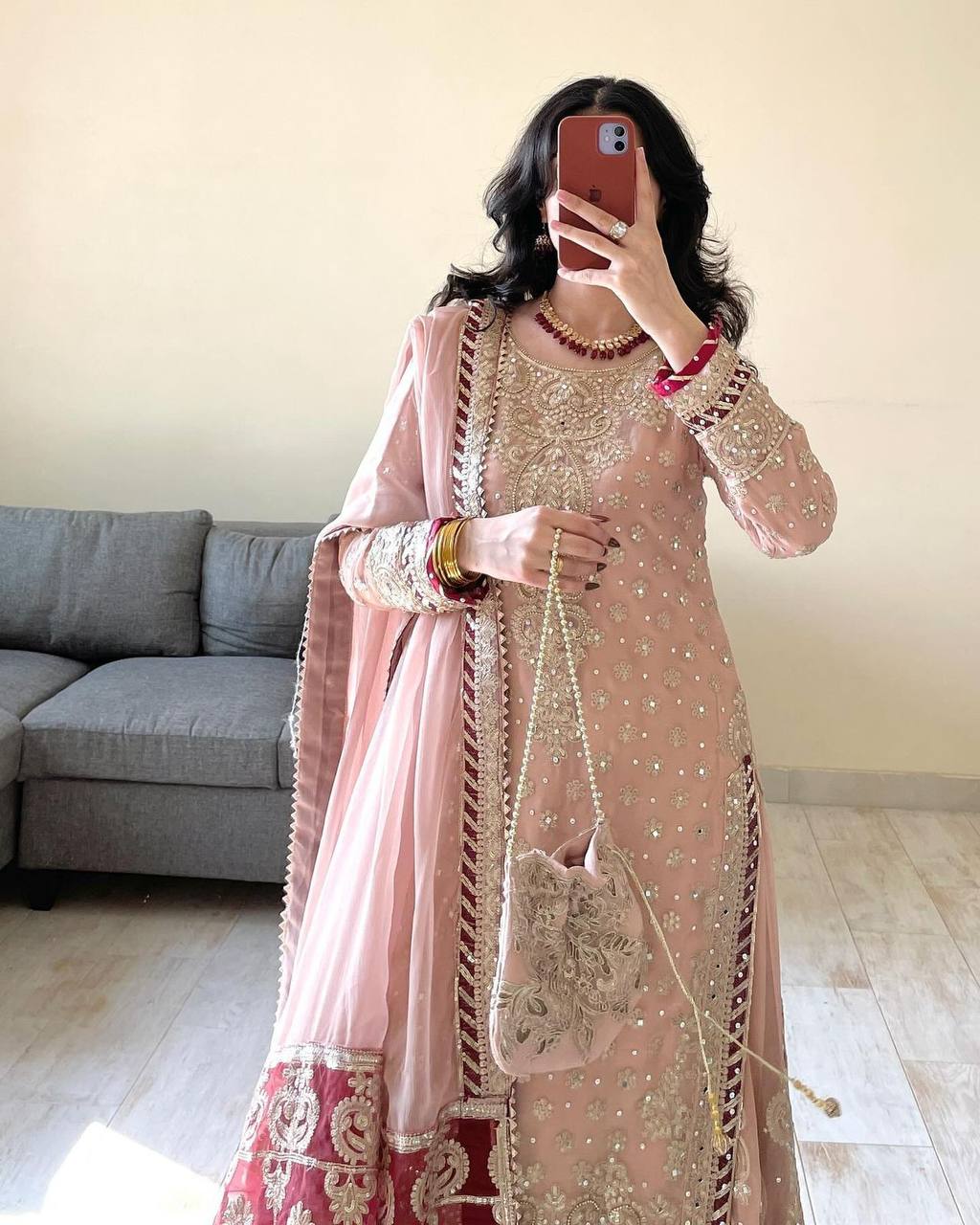 Peach Elegant Embroidered Sharara Set