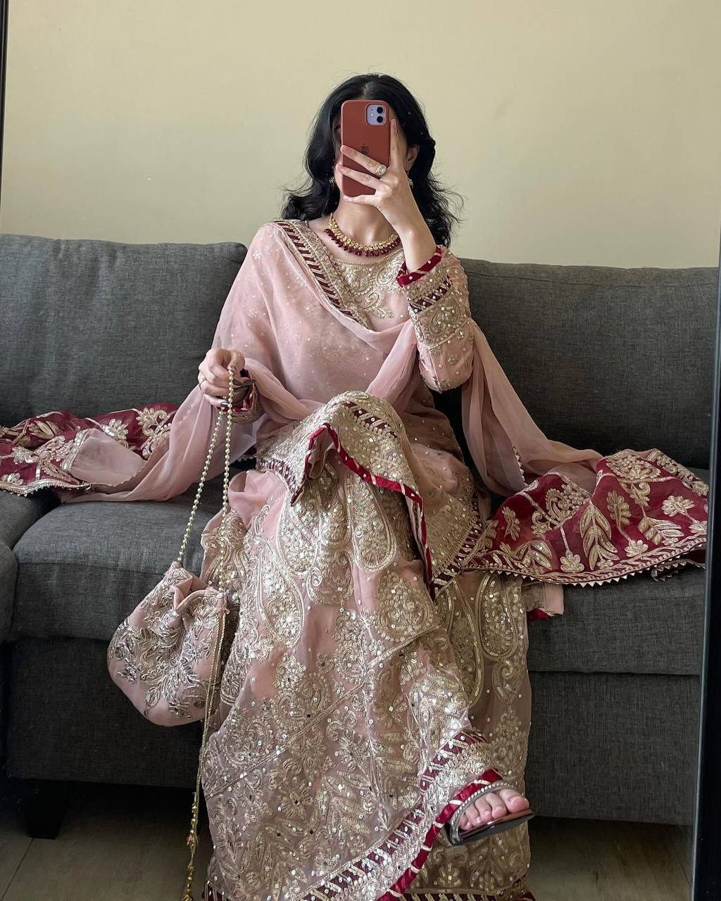 Peach Elegant Embroidered Sharara Set