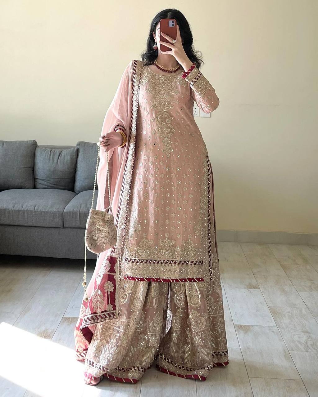 Peach Elegant Embroidered Sharara Set