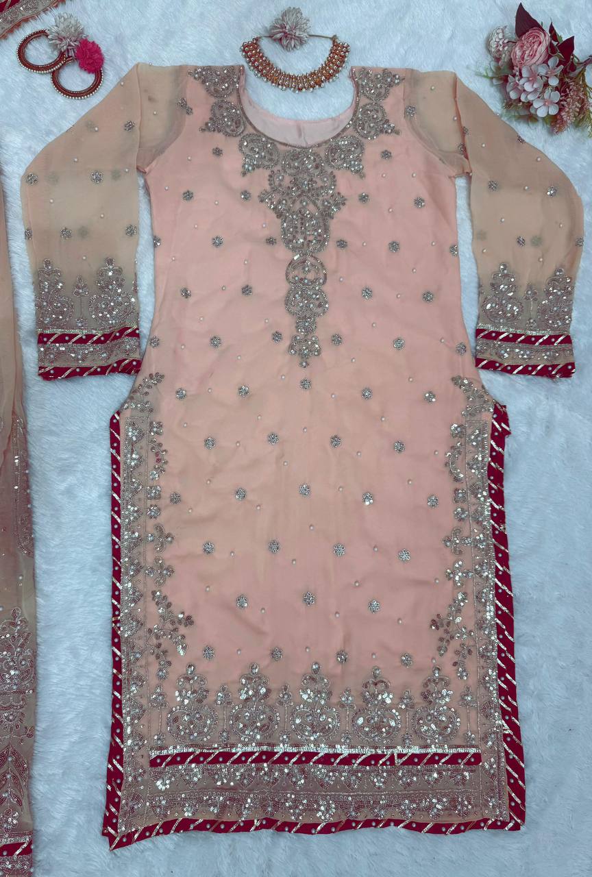 Peach Elegant Embroidered Sharara Set