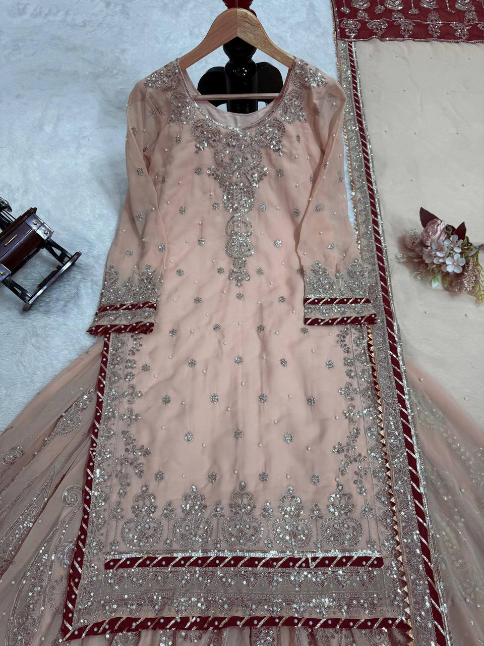 Peach Elegant Embroidered Sharara Set