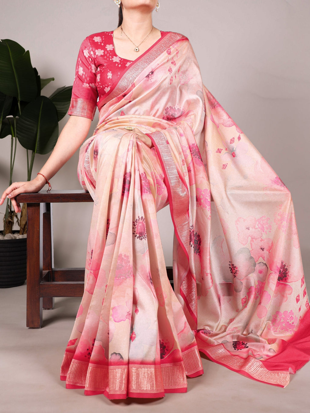Peach Elegant Floral Printed Tussar Silk Saree with Viscose Border
