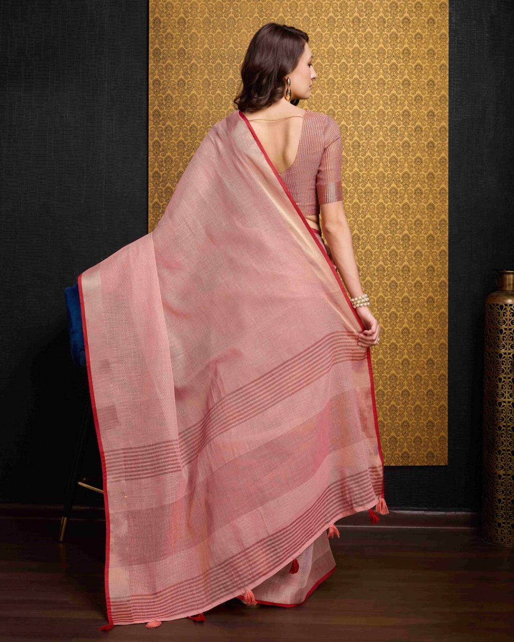 Peach Elegant Solid Saree with Zari Border – Timeless Grace