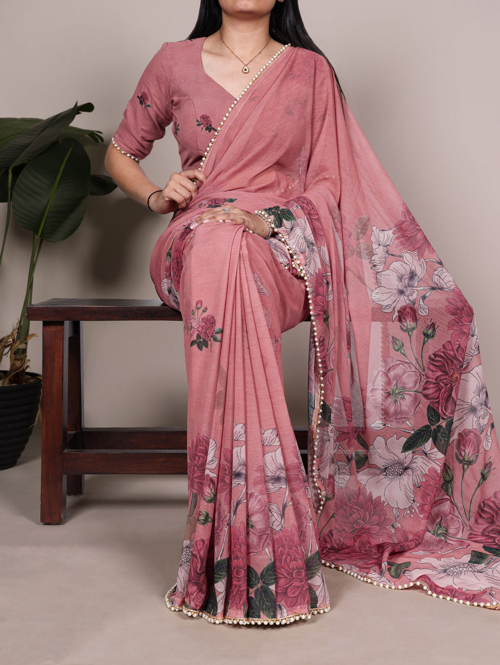 Peach Floral Printed Pearl Lace Saree