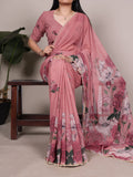 Peach Floral Printed Pearl Lace Saree