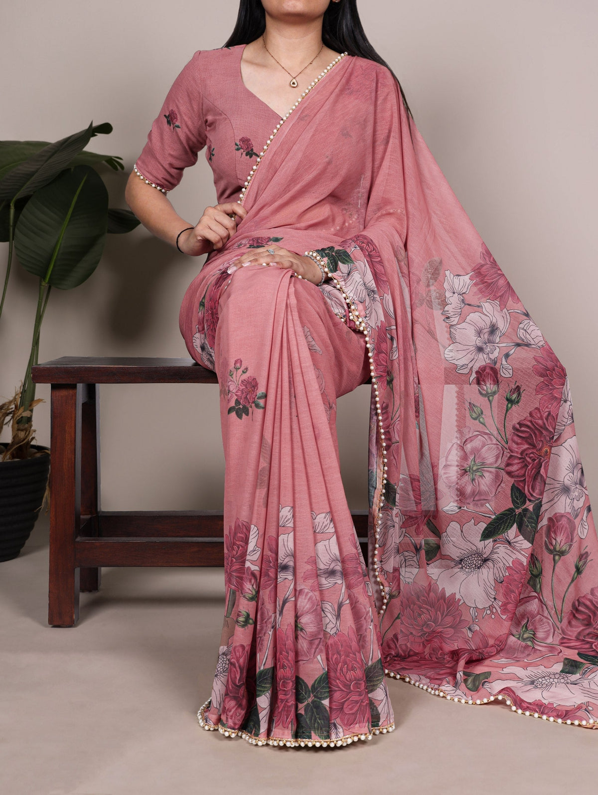 Peach Floral Printed Pearl Lace Saree