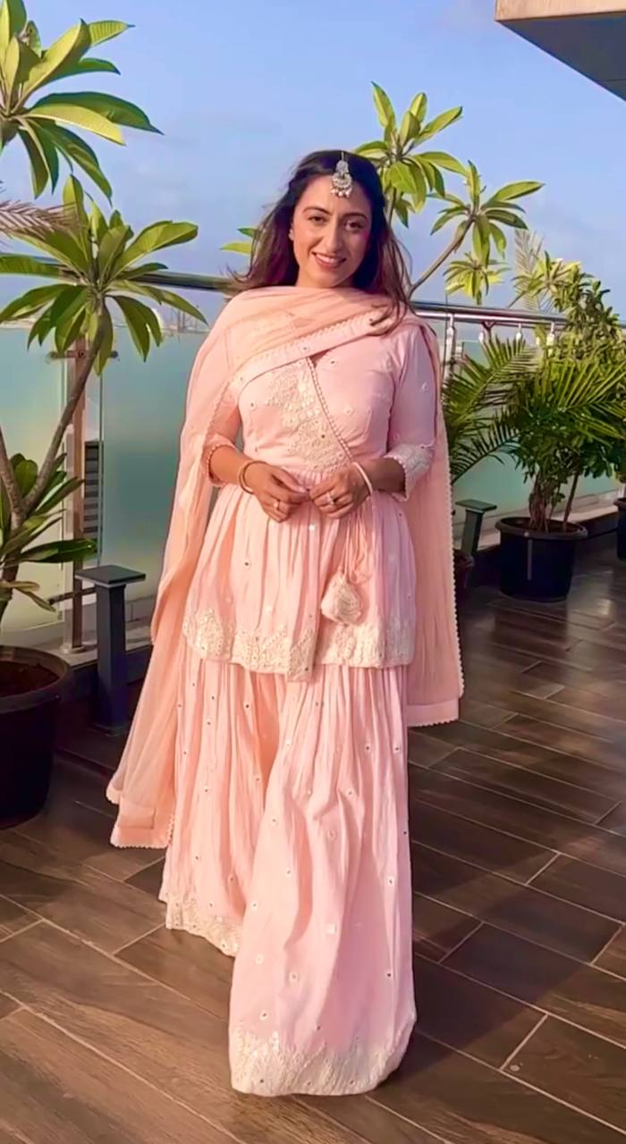 Fancy Light Peach Mirror Work Sharara Suit