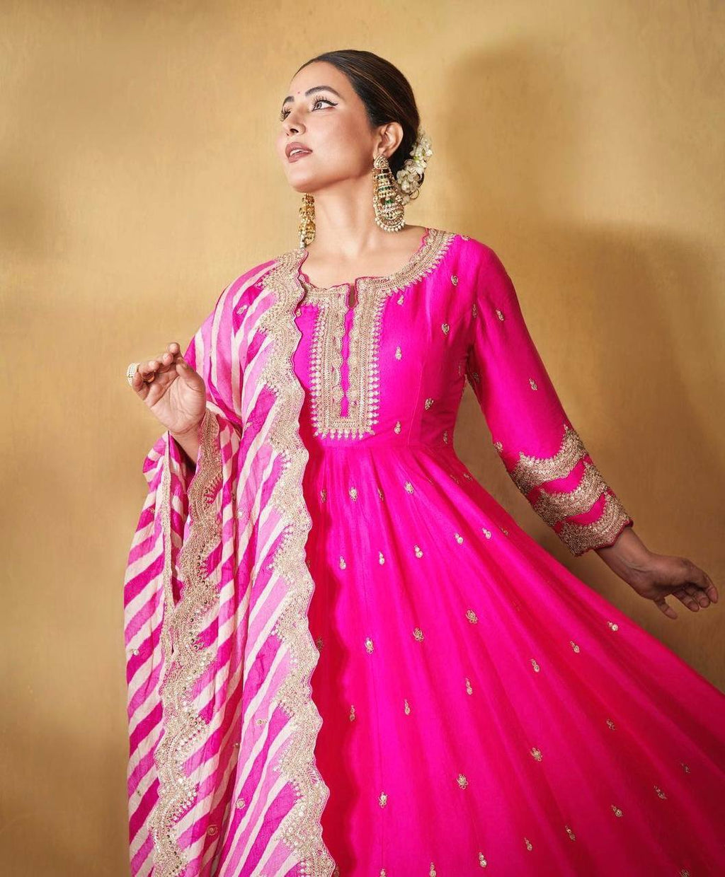Hina Khan Wear Pink Color Embroidery Work Gown